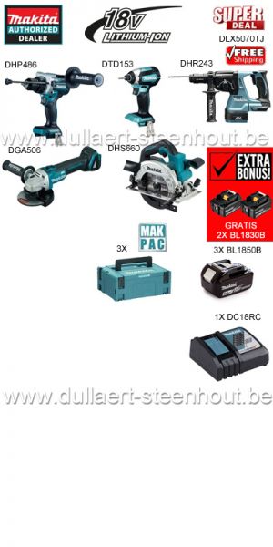 EXTRA BONUS Makita 18V DLX5070TJ - 5 accu machines + 3x accu 18V5.0Ah + 3 koffers