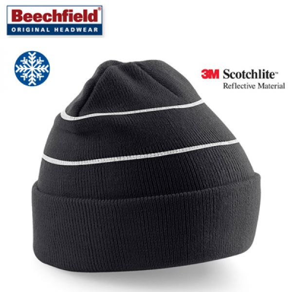 Beechfield - Zwarte muts met reflecterende 3M strepen voor een hoge zichtbaarheid