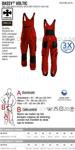 DASSY® Voltic (400148) Tweekleurige bretelbroek / salopette met kniezakken - rood/zwart
