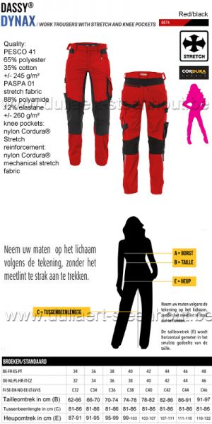 DASSY® Dynax Women - Werkbroek met stretch en kniezakken voor dames - rood/zwart