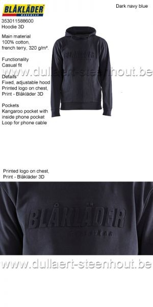 Blaklader - 353011588600 Hoodie 3D sweater met kap / hoodie - donker marineblauw