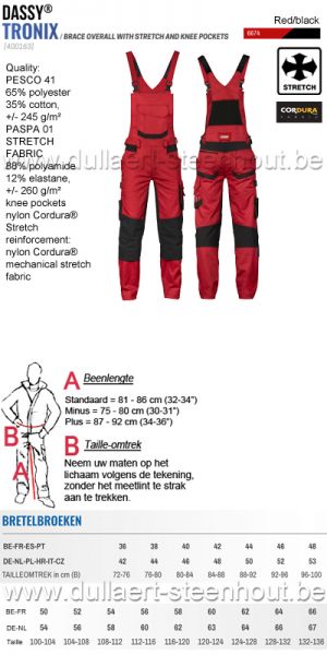 DASSY® Tronix (400163) Bretelbroek / salopette met stretch en kniezakken - rood/zwart
