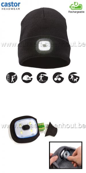 Castor - Zwarte muts met oplaadbare led lamp via USB