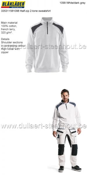 Blaklader 335311581098 Sweatshirt bi-colour met halve rits - wit/donkergrijs