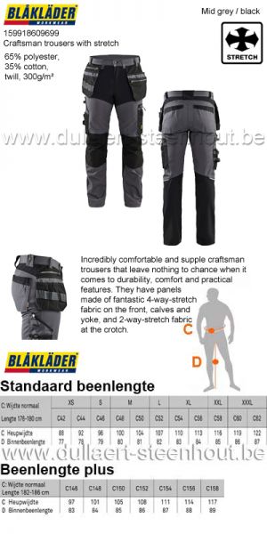 Blaklader 159918609699 Werkbroek met stretchpanelen en spijkerzakken - Mid grey/black