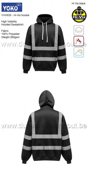 Yoko HVK05 - Hi vis zwarte sweater met kap / hi vis hoodie met reflecterende banden 