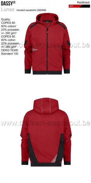 DASSY® Lunax (300549) Hoodie met lange rits - rood/zwart