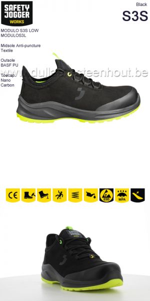 Safety Jogger MODULO S3S LOW  Supercomfortabele metaalvrije veiligheidssneaker - zwart