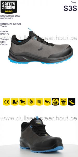 Safety Jogger MODULO S3S LOW Supercomfortabele metaalvrije veiligheidssneaker - grijs