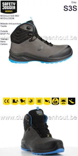 Safety Jogger MODULO S3S MID Supercomfortabele metaalvrije veiligheidssneaker - grijs