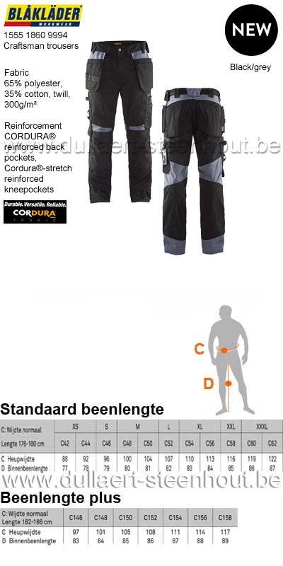 Blaklader - 155518609994 werkbroek met spijkerzakken - black/grey