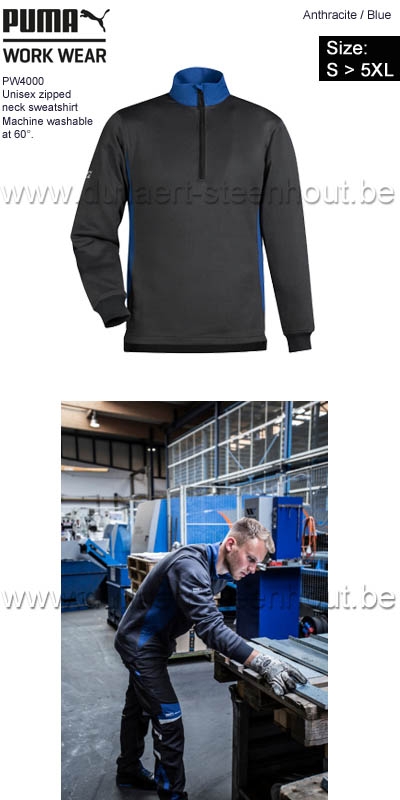 Puma workwear PW4000 - Unisex werksweater met ritskraag - Antracite/blue