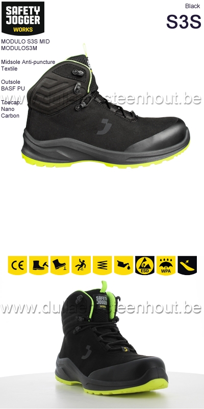 Safety Jogger MODULO S3S MID Supercomfortabele metaalvrije veiligheidssneaker - zwart